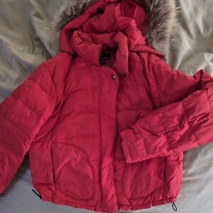 Down Orange Puffer Jacket with Real Fur Hood